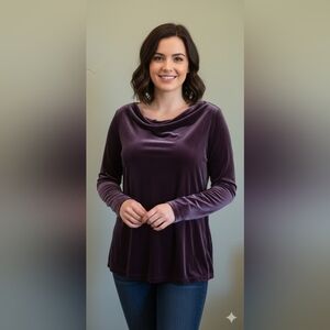 Fashion Bug Purple Cowl Neck Draped Long Sleeve Velvet Top Size 18/20W